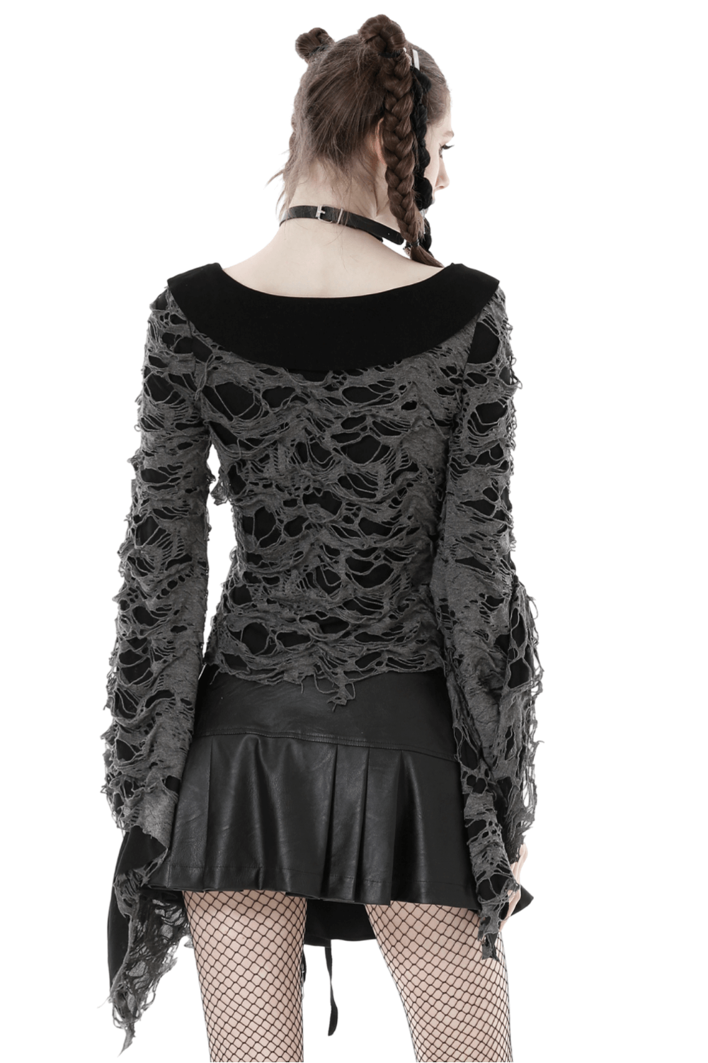 Gothic women's black lace-up shredded top with dramatic bell sleeves and an open back, perfect for edgy fashion.
