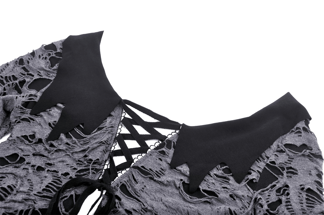 Gothic lace-up shredded top with dramatic bell sleeves, featuring edgy black detailing and open back design.