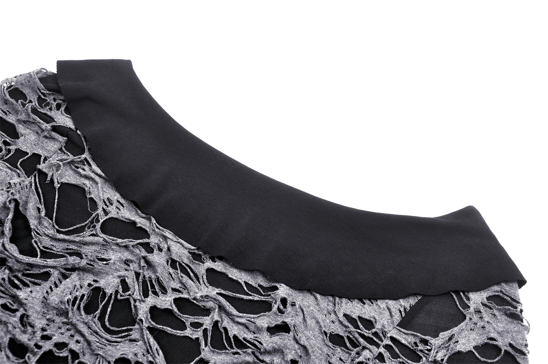 Close-up of gothic lace-up shredded top collar detail with dramatic texture and black fabric accent.