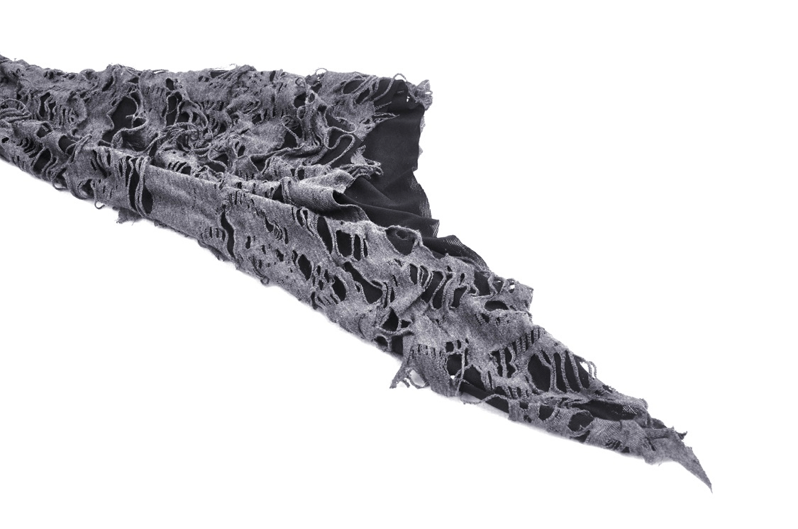 Gothic black lace-up top with dramatic shredded detailing and raw edges, perfect for a bold fashion statement.