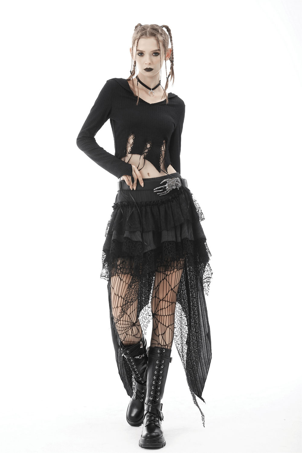 Gothic Women's Layered Lace Skirt with Fishnet Detail