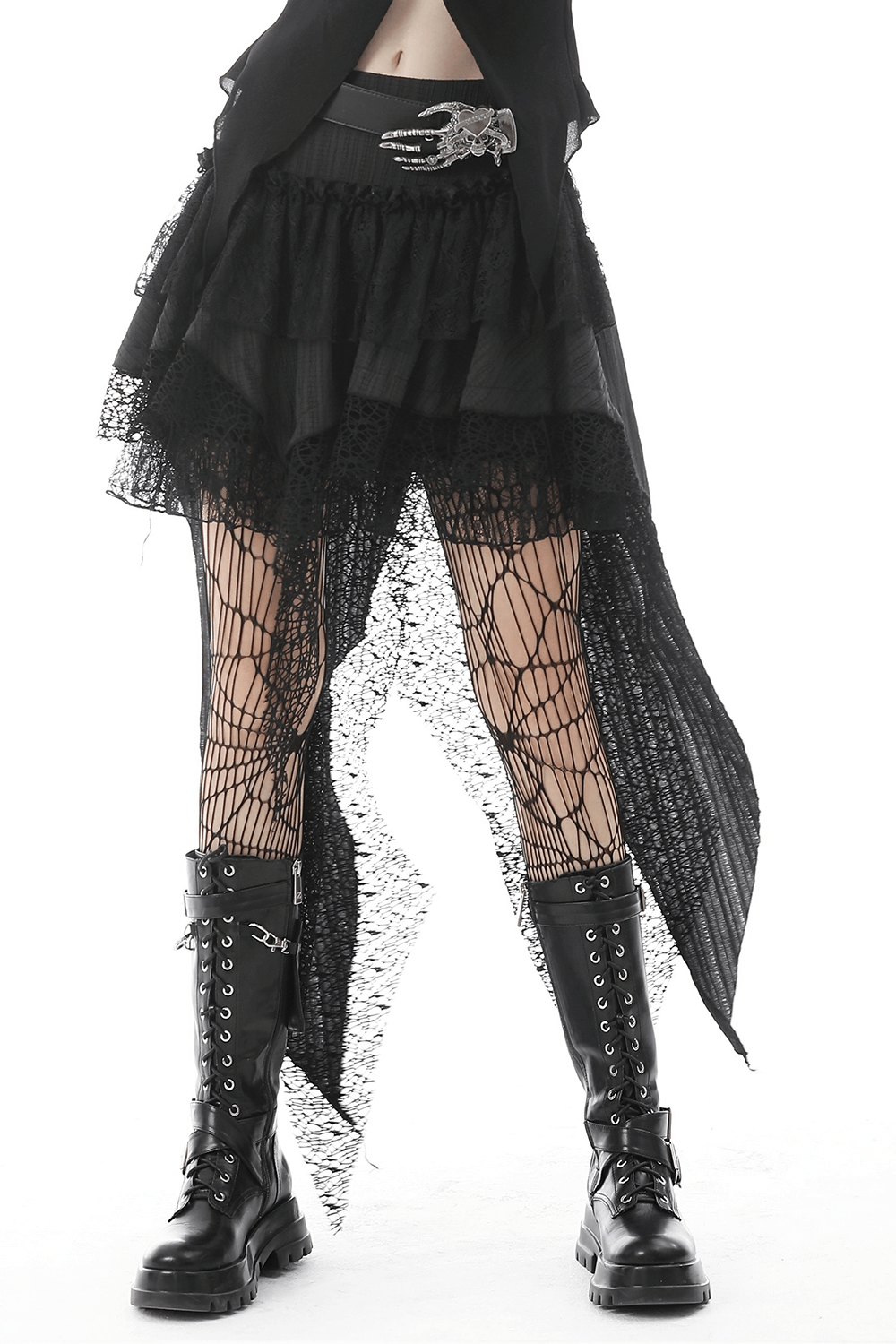 Gothic Women's Layered Lace Skirt with Fishnet Detail