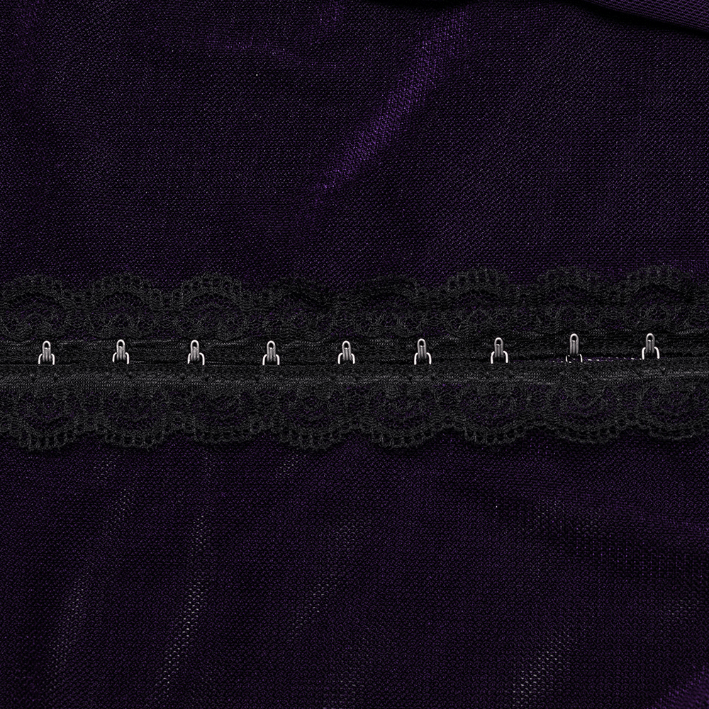 Close-up of intricate black lace hooks on Gothic layered mesh top, highlighting unique design and texture.