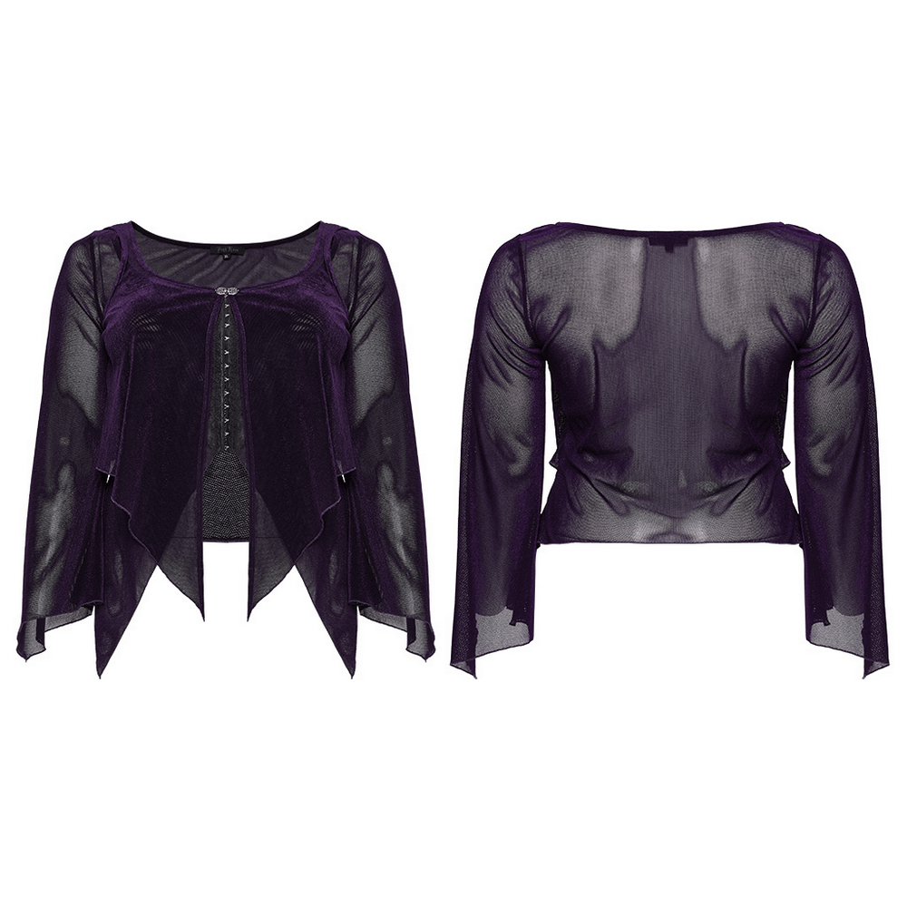 Gothic women's layered mesh top in purple with lace hooks and long sleeves, showcasing a unique double-layered design.