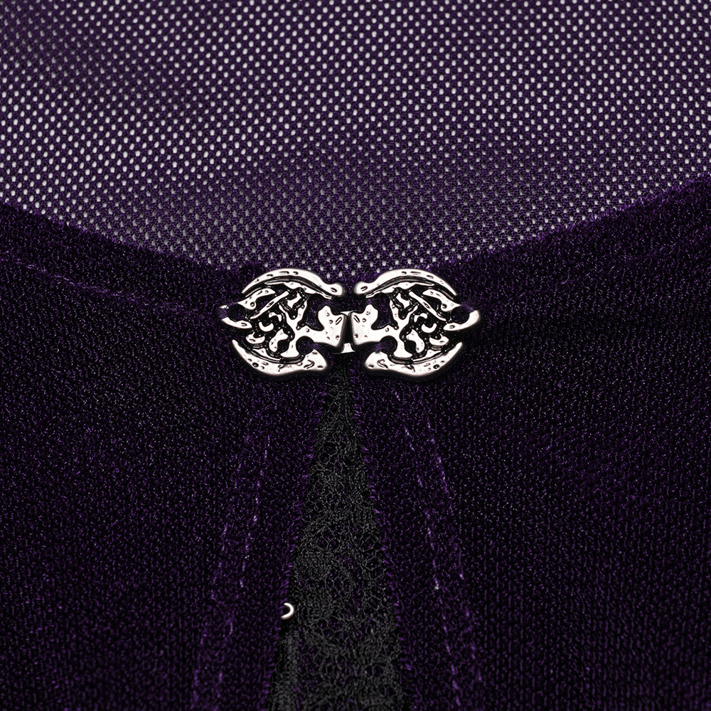 Close-up of the ornate lace hook clasp on a Gothic women's layered mesh top.