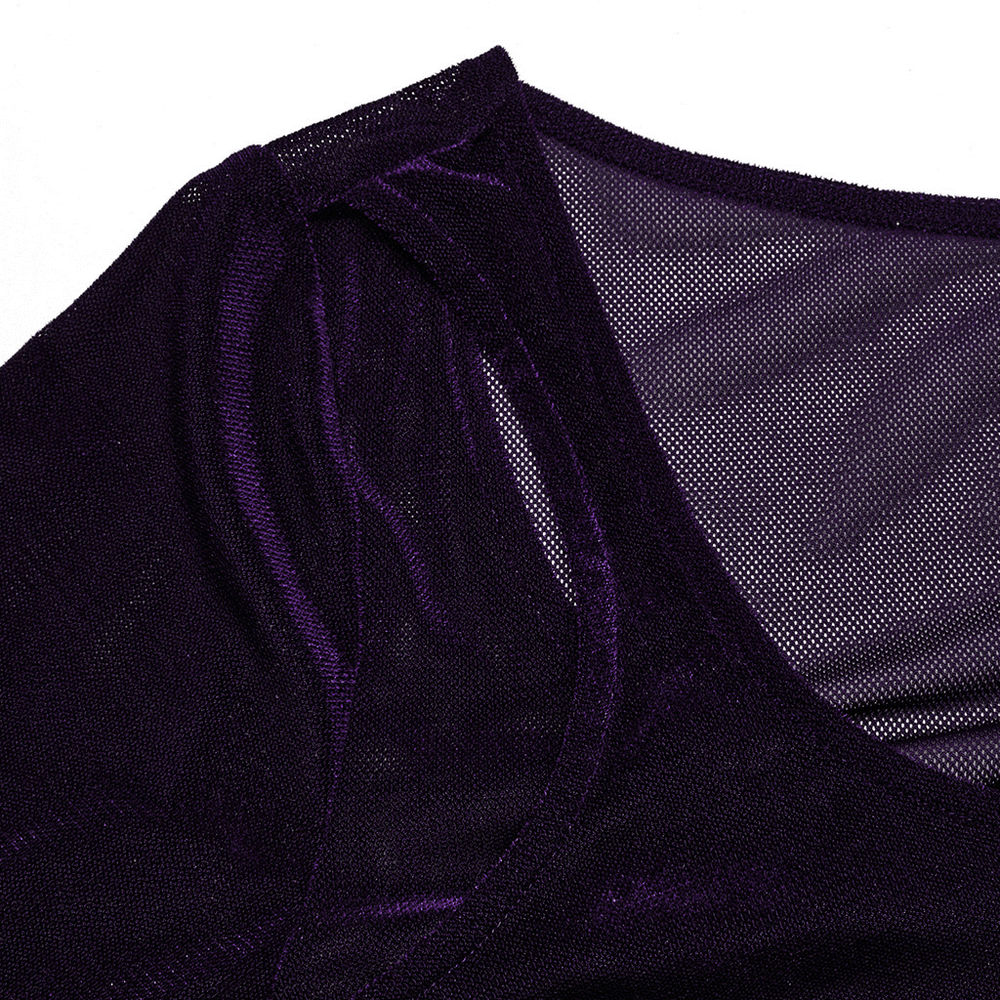 Close-up of Gothic women's layered mesh top showcasing intricate purple fabric and delicate sheer texture.