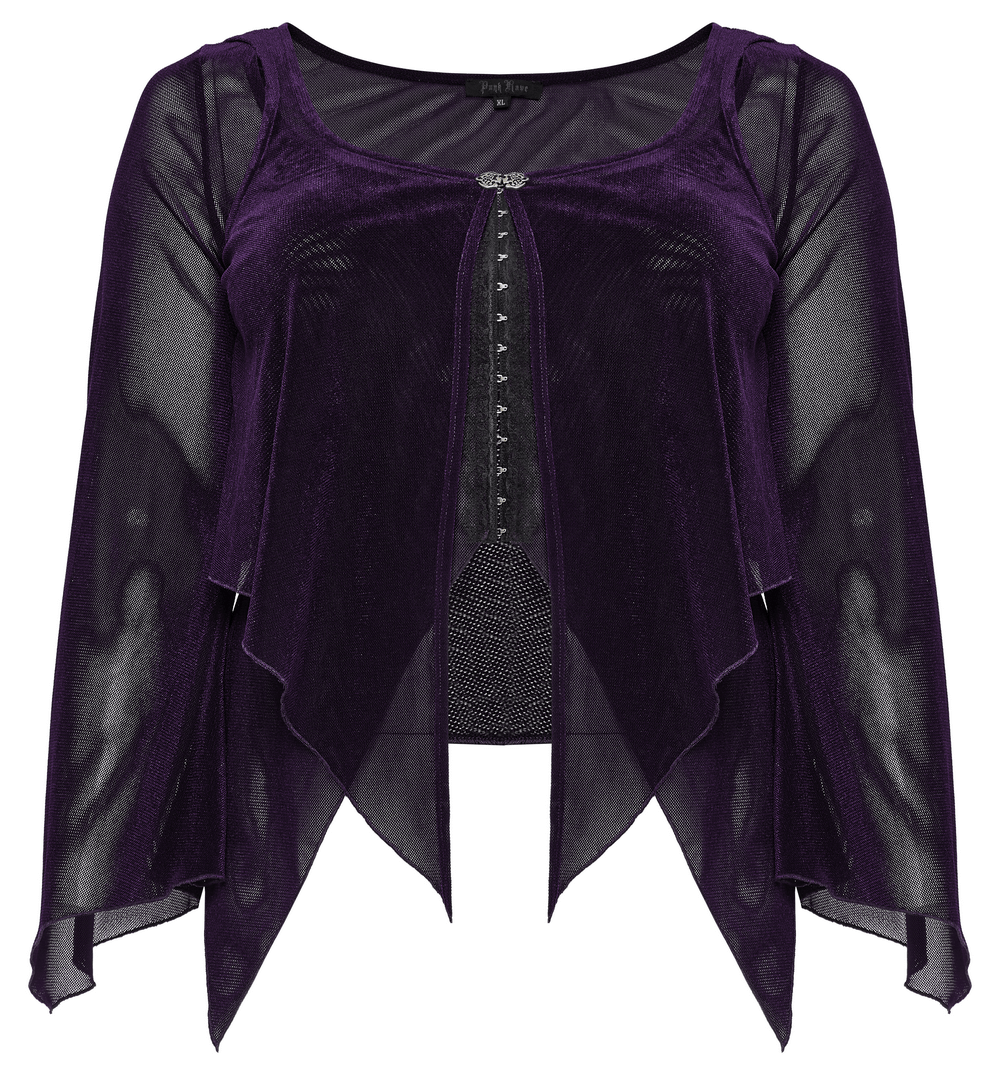 Gothic women's layered mesh top in purple with lace hooks and intricate front design.