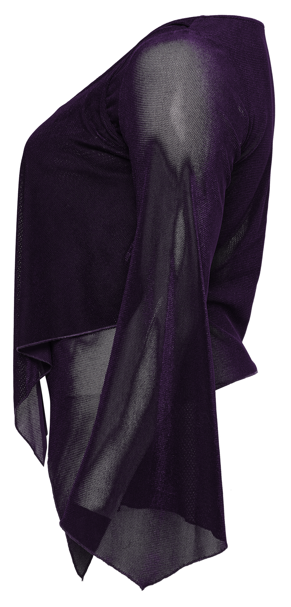 Gothic women's purple layered mesh top with sheer long sleeves and unique texture details.