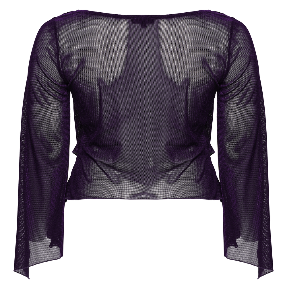 Gothic women's layered mesh top in purple, showcasing a sheer back design with long sleeves and stylish detailing.