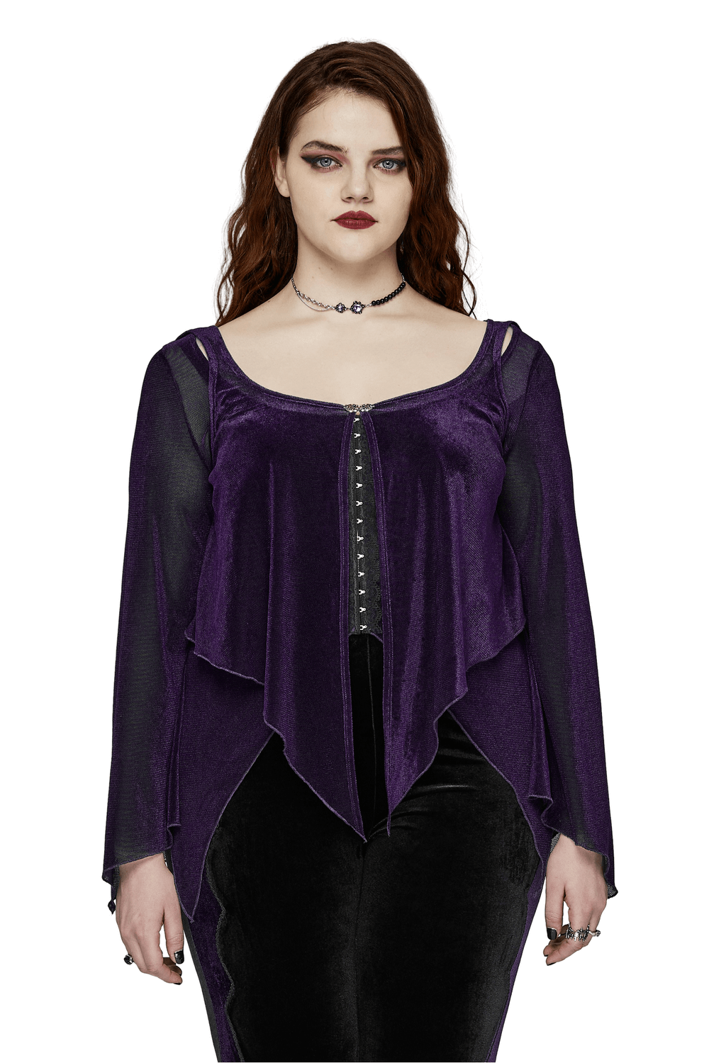 Gothic women's purple layered mesh top with lace hooks and ornate clasps, perfect for a unique, dark fashion statement.