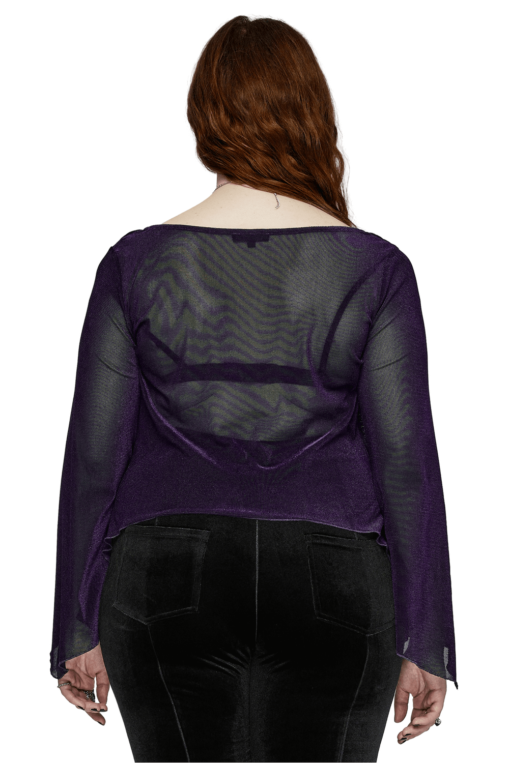 Back view of Gothic women's layered mesh top in purple, featuring long sleeves and intricate lace detail.