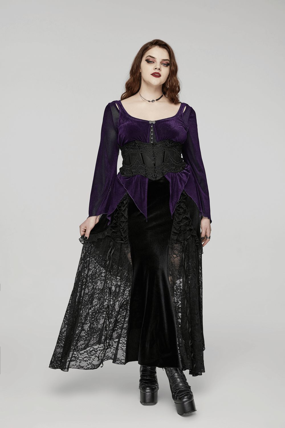 Gothic women's layered mesh top with lace hooks, showcasing a stylish purple and black design, perfect for a dramatic look.