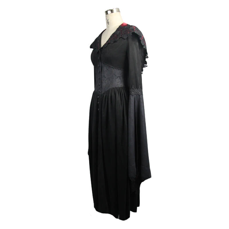Elegant Gothic black coat with lace, batwing sleeves, and vintage design on a mannequin.
