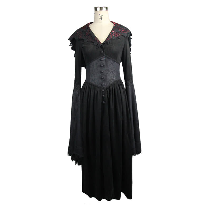 Gothic women's long black coat with batwing sleeves, lace details, and hooded design, perfect for elegant gothic wardrobes.