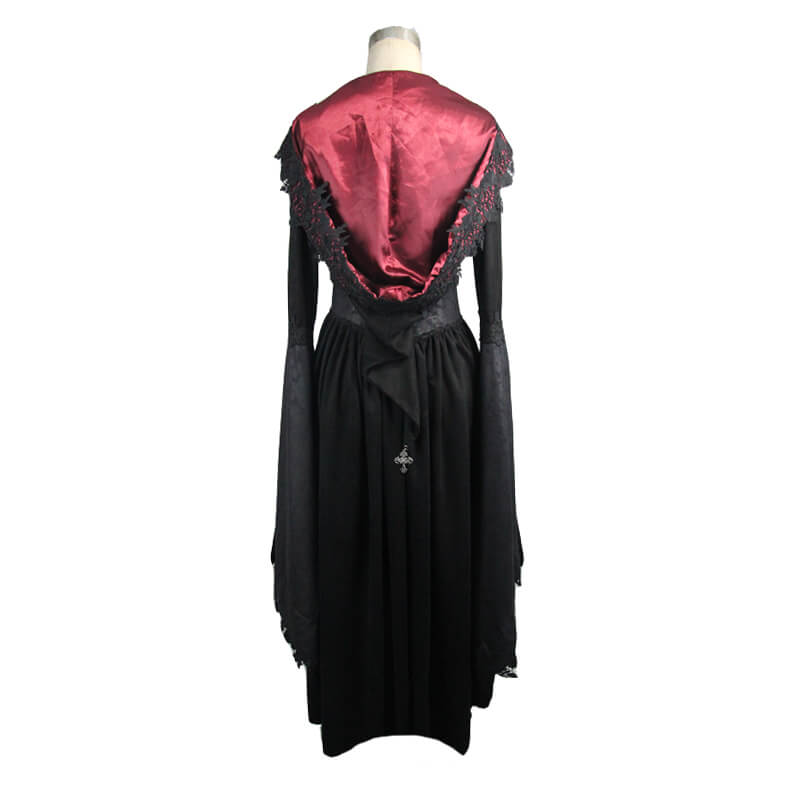 Back view of a gothic women's long coat with batwing sleeves, black fabric, and a red satin hood.