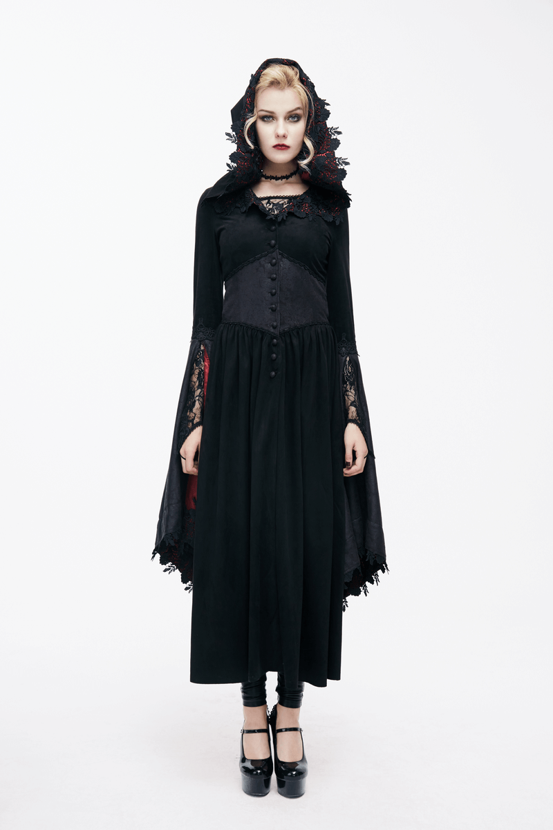 Elegant long black batwing sleeve coat with hood, lace accents, and vintage gothic style for women.