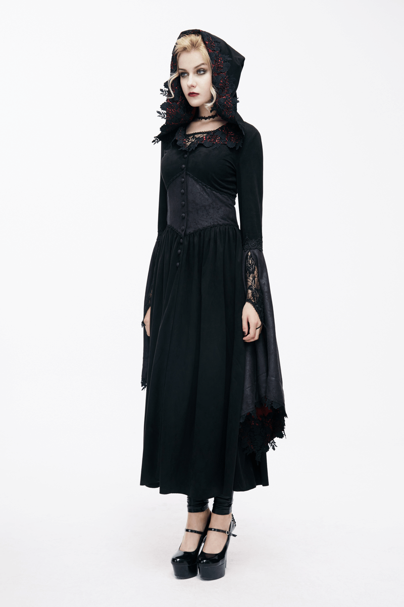 Gothic women's long black coat with batwing sleeves, lace details, and elegant hooded design.