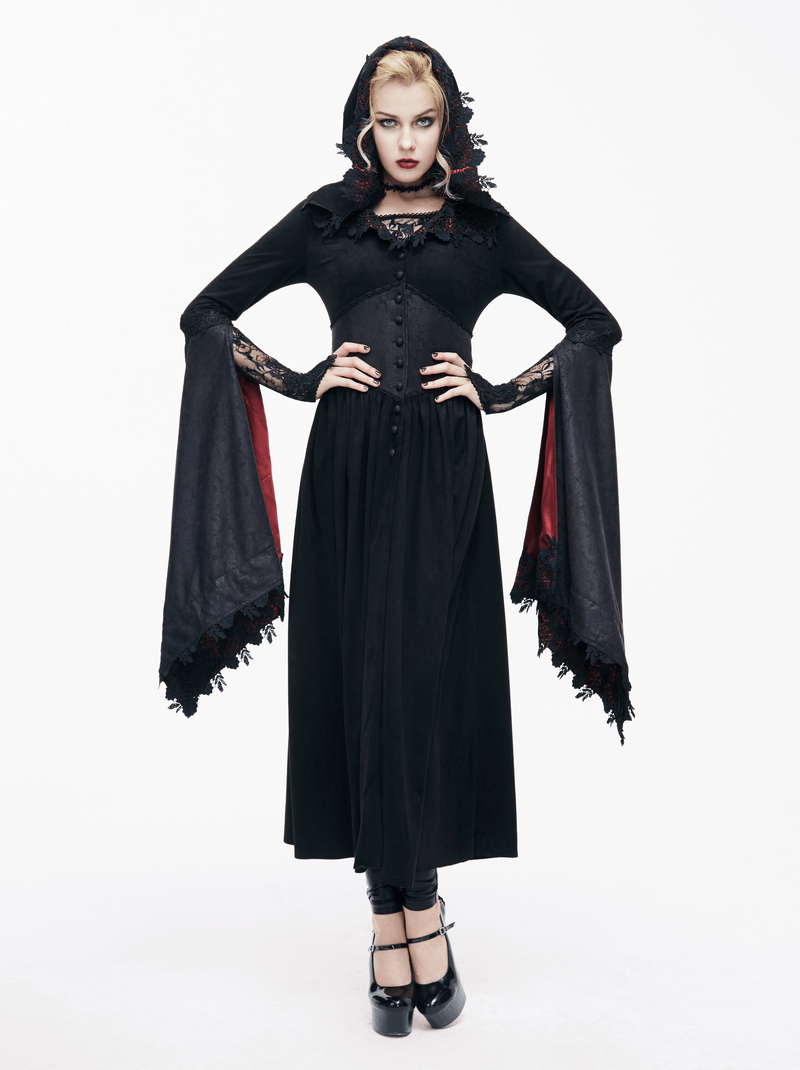 Gothic women's long batwing sleeve coat in elegant black and red with lace hood, perfect for a stylish gothic wardrobe.