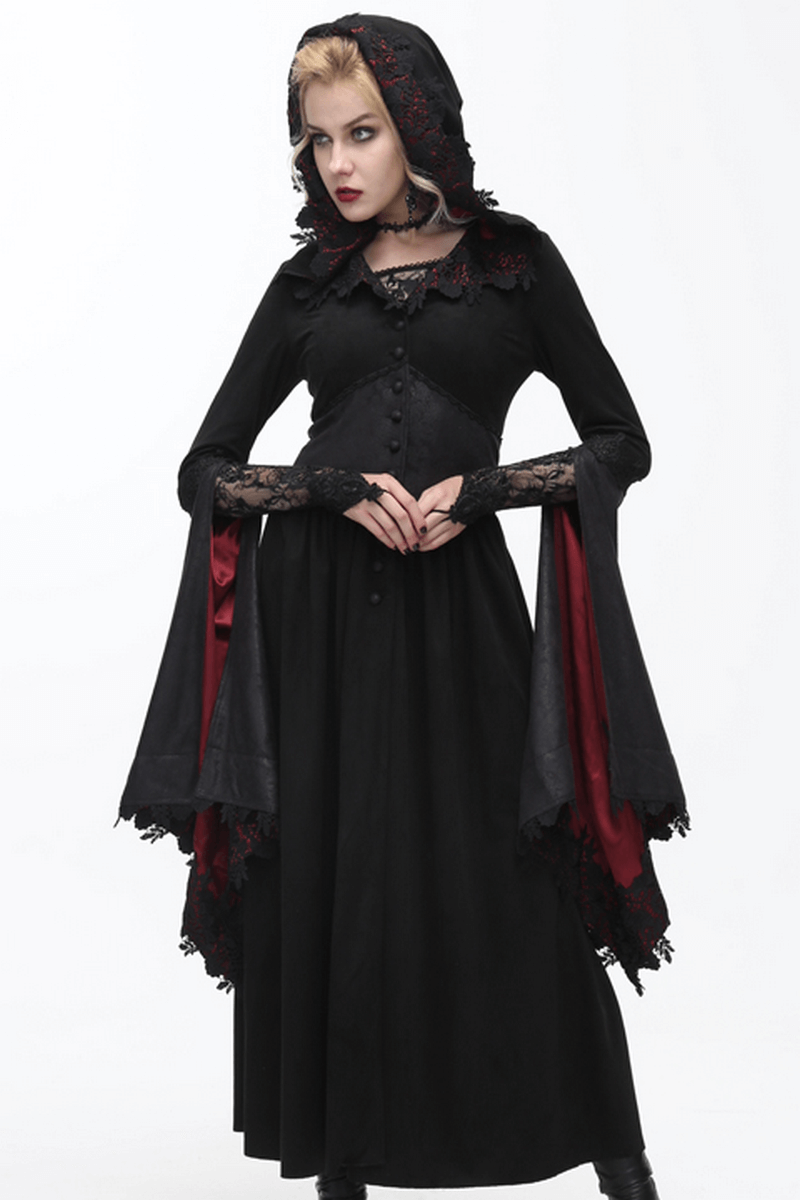 Gothic women's long black coat with batwing sleeves and hood, featuring elegant lace and red accents.