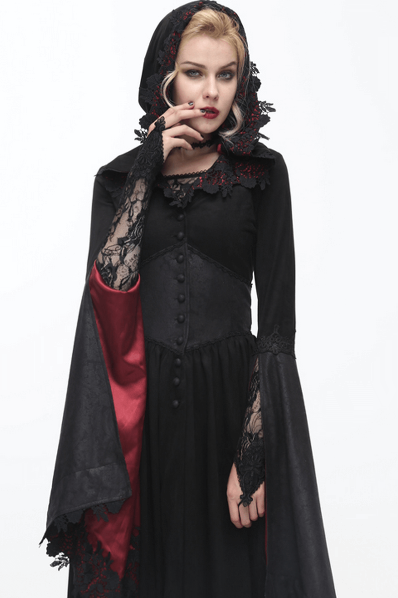 Gothic women's long black and red coat with lace and hooded design, perfect for adding elegance to your wardrobe.