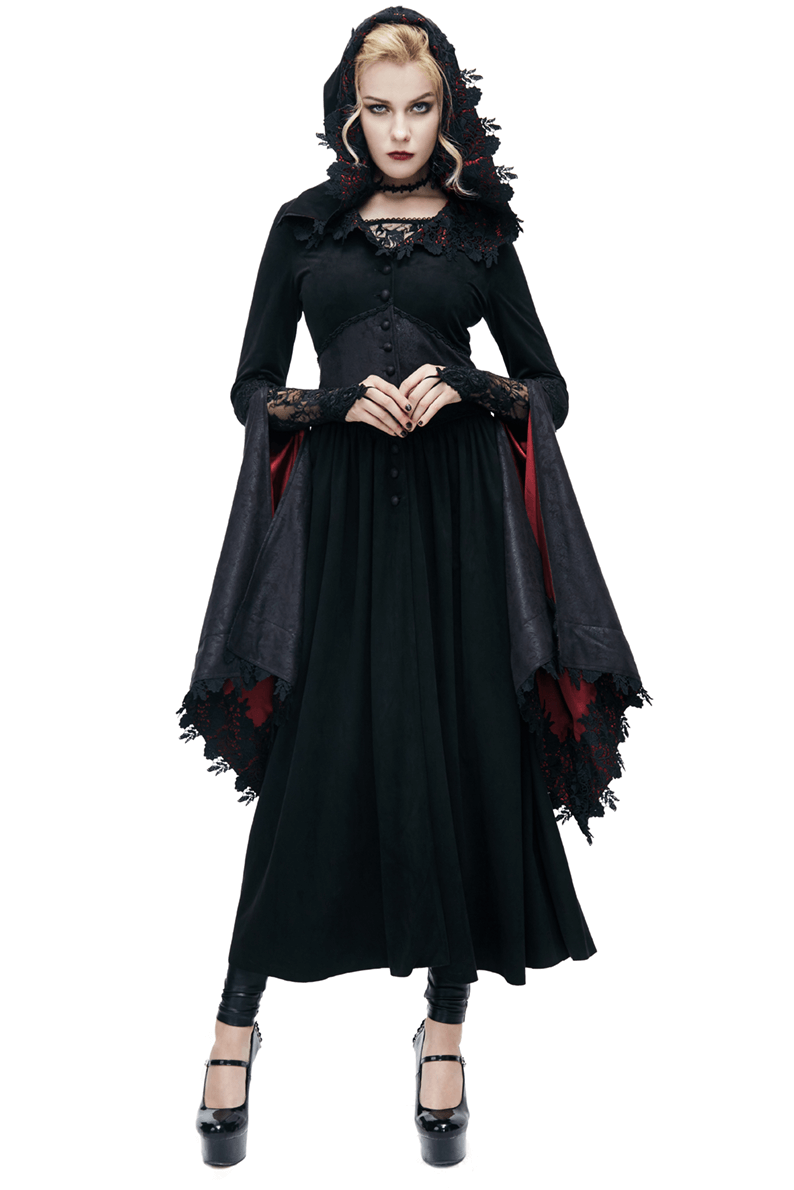 Gothic women's long black coat with batwing sleeves, lace details, and hood, perfect for an elegant gothic style.