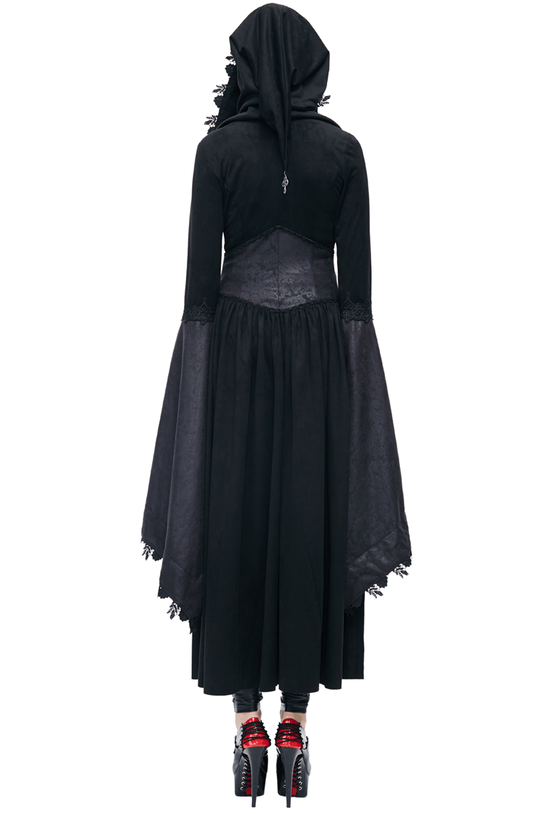 Gothic women's long black coat with batwing sleeves and hood, showcasing elegant lace details from the back.