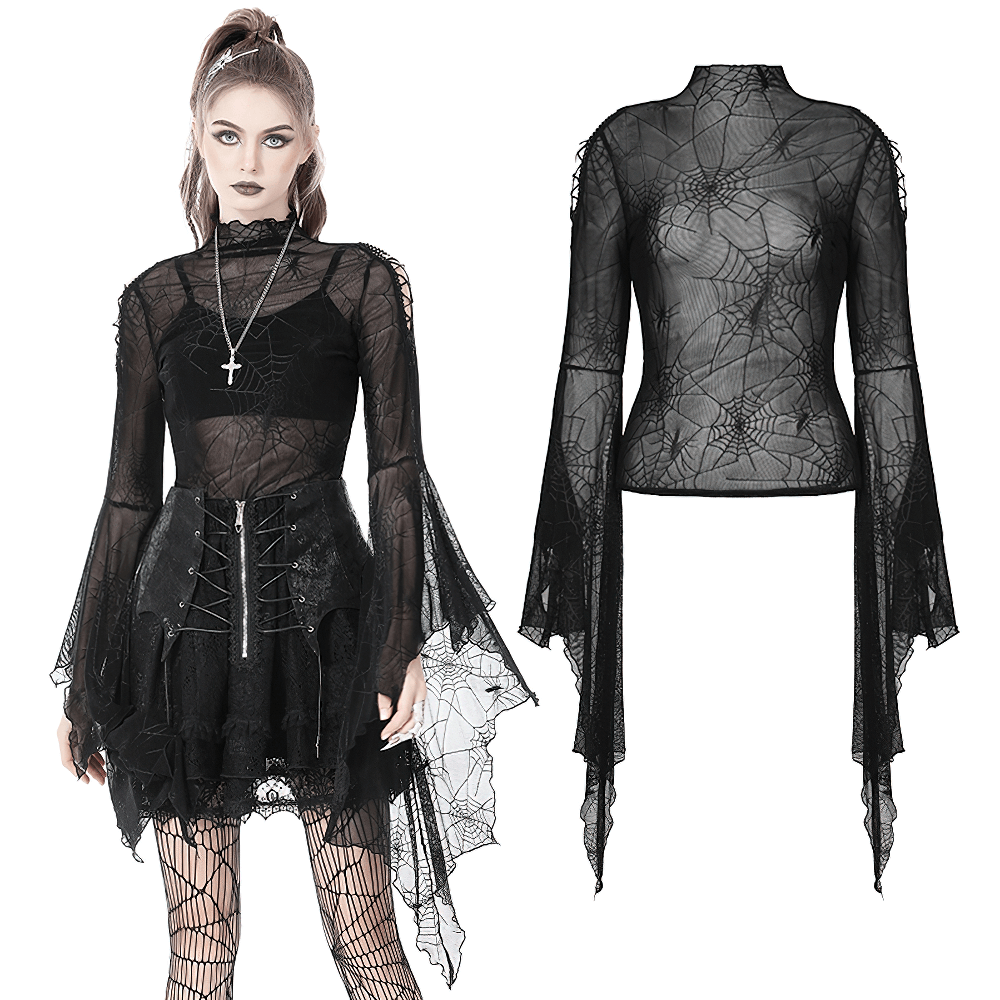 Gothic women's black mesh spiderweb top with long sleeves, perfect for edgy layering and cool style.