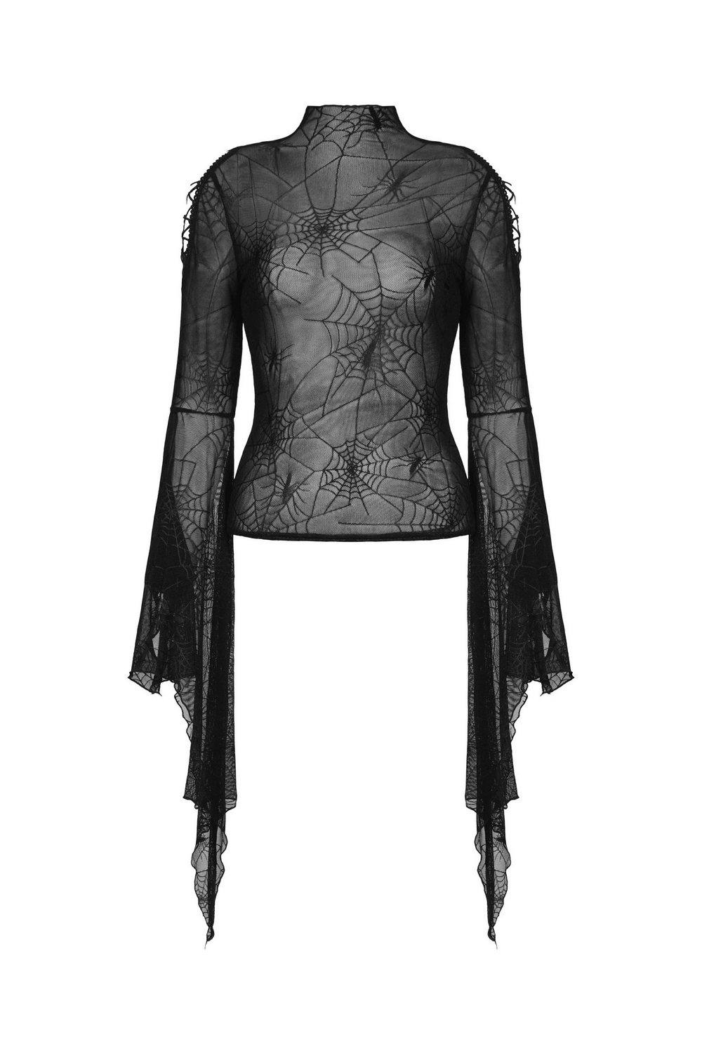 Gothic women's black mesh top with spiderweb design and long sleeves for edgy fashion.