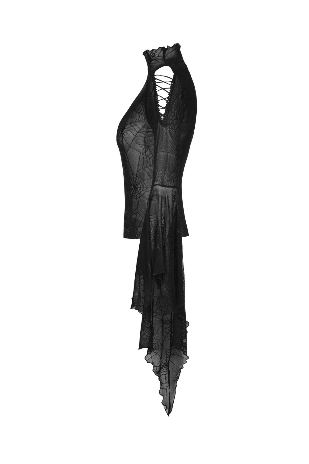 Gothic women's black mesh spiderweb top with long sleeves, featuring a lace-up detail and flowing hemline.