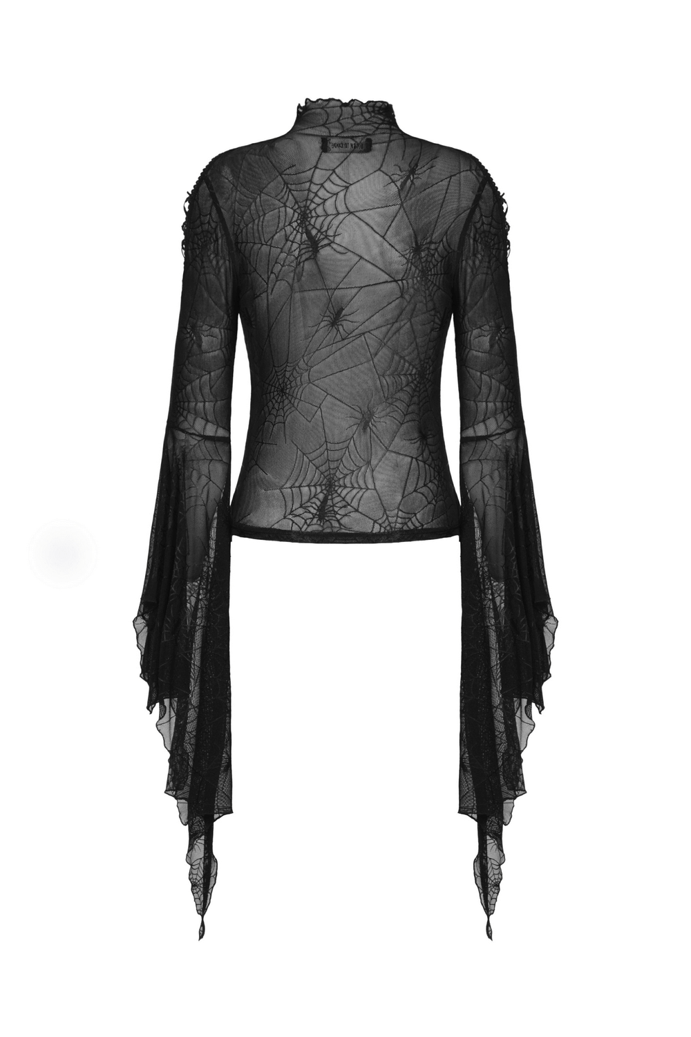 Gothic women's black mesh spiderweb top with long sleeves and delicate design, perfect for edgy layering.