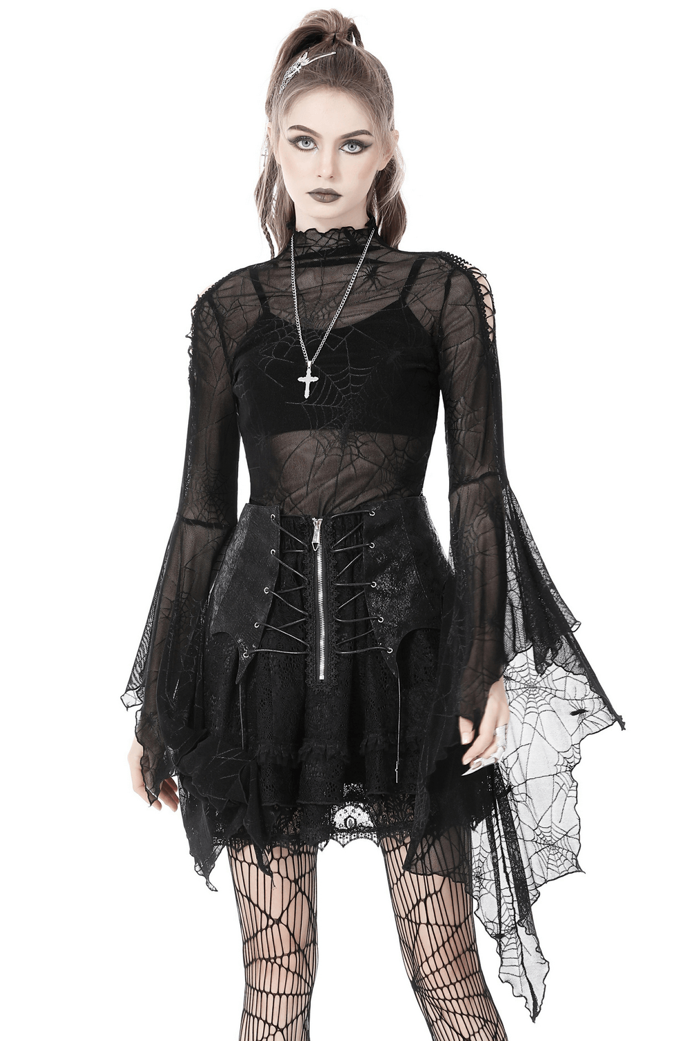 Gothic Women's Mesh Spiderweb Top with Long Sleeves