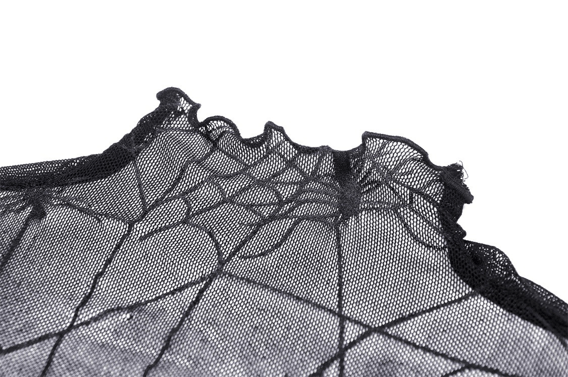 Close-up of black mesh fabric featuring an intricate spiderweb design, perfect for goth fashion.
