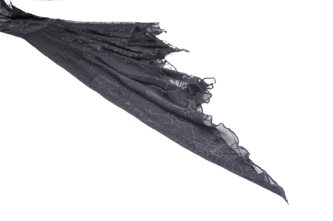 Close-up of a sheer black mesh fabric with a spiderweb design, perfect for a gothic women's top.
