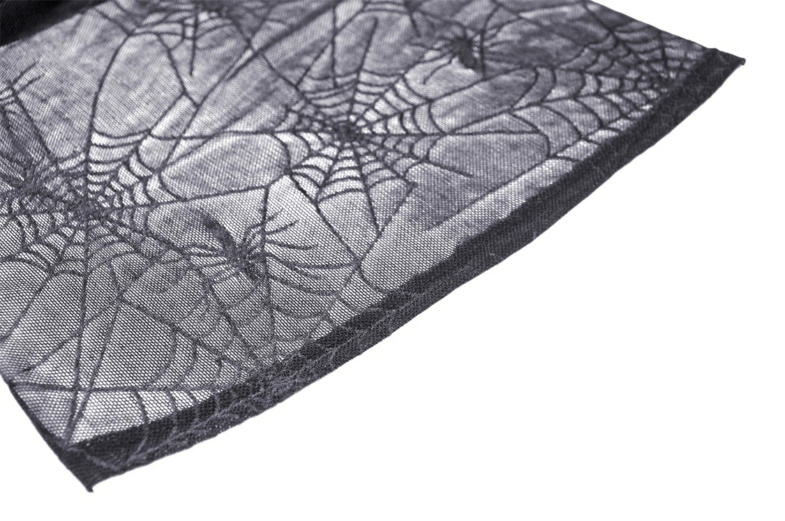 Gothic black mesh fabric featuring intricate spiderweb design for a stylish, edgy look.