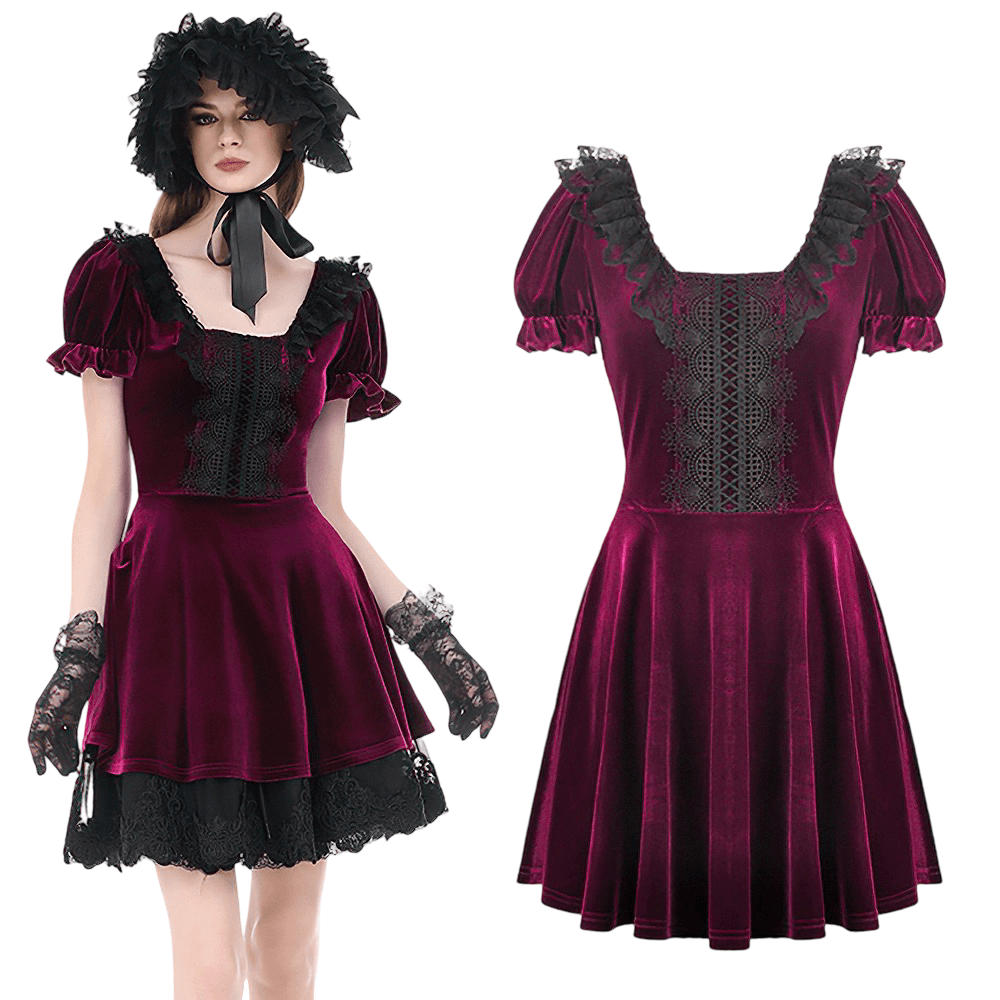 Gothic Women's Mini Dress with Lace Trim and Puff Sleeves in dark velvet with puff sleeves and lace detailing.