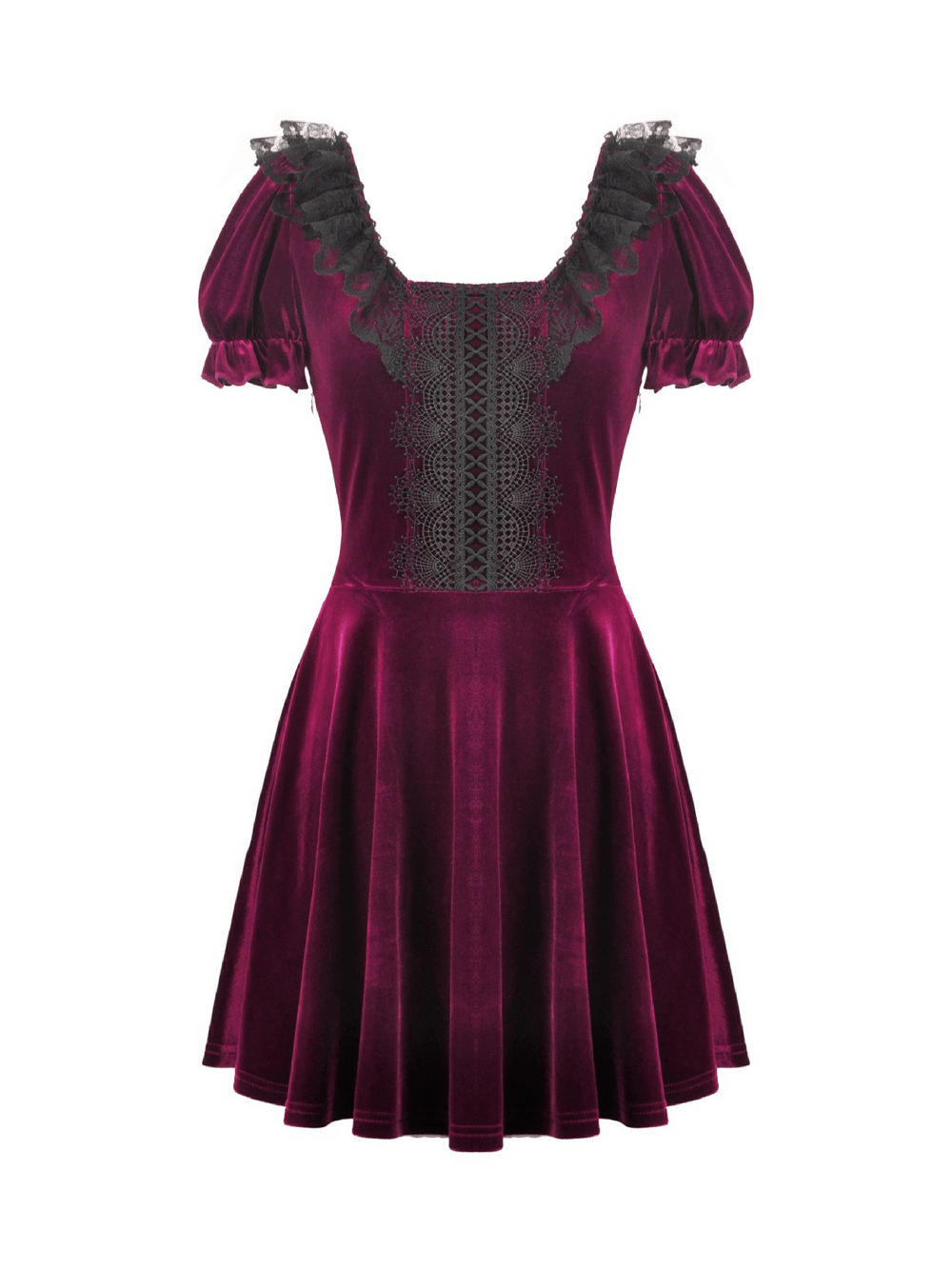 Gothic Women's Mini Dress with Lace Trim and Puff Sleeves in burgundy velvet with delicate lace details.
