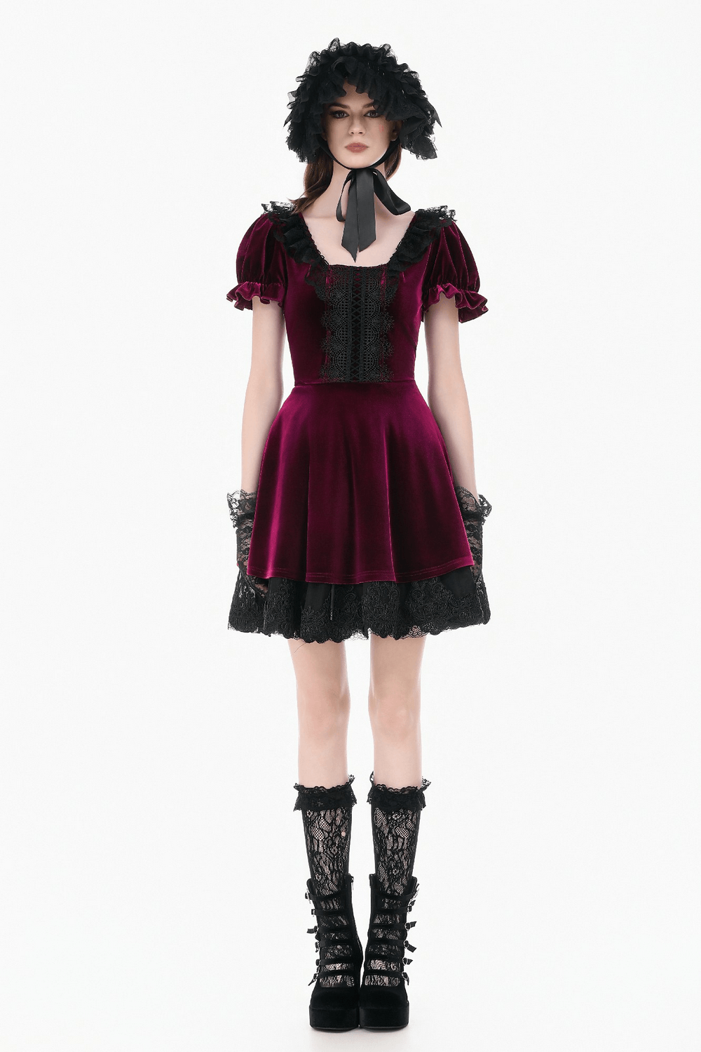 Gothic Women's Mini Dress with Lace Trim and Puff Sleeves in deep burgundy velvet with lace accents and puff sleeves.