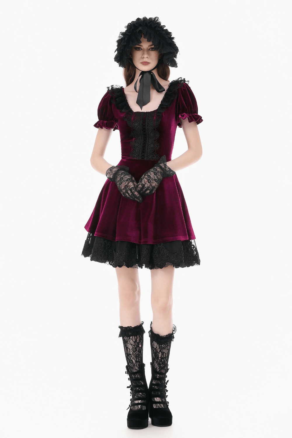 Gothic Women's Mini Dress with Lace Trim and Puff Sleeves styled with gloves and lace hat