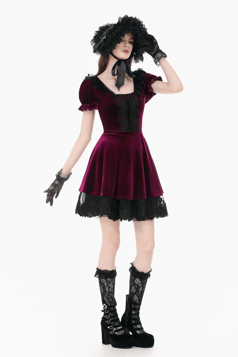 Gothic Women's Mini Dress with Lace Trim and Puff Sleeves, featuring a dark skater style and vintage allure.