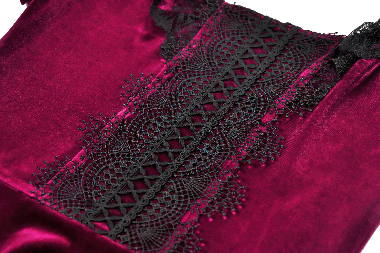 Gothic Women's Mini Dress with Lace Trim and Puff Sleeves featuring dark lace details on burgundy fabric.