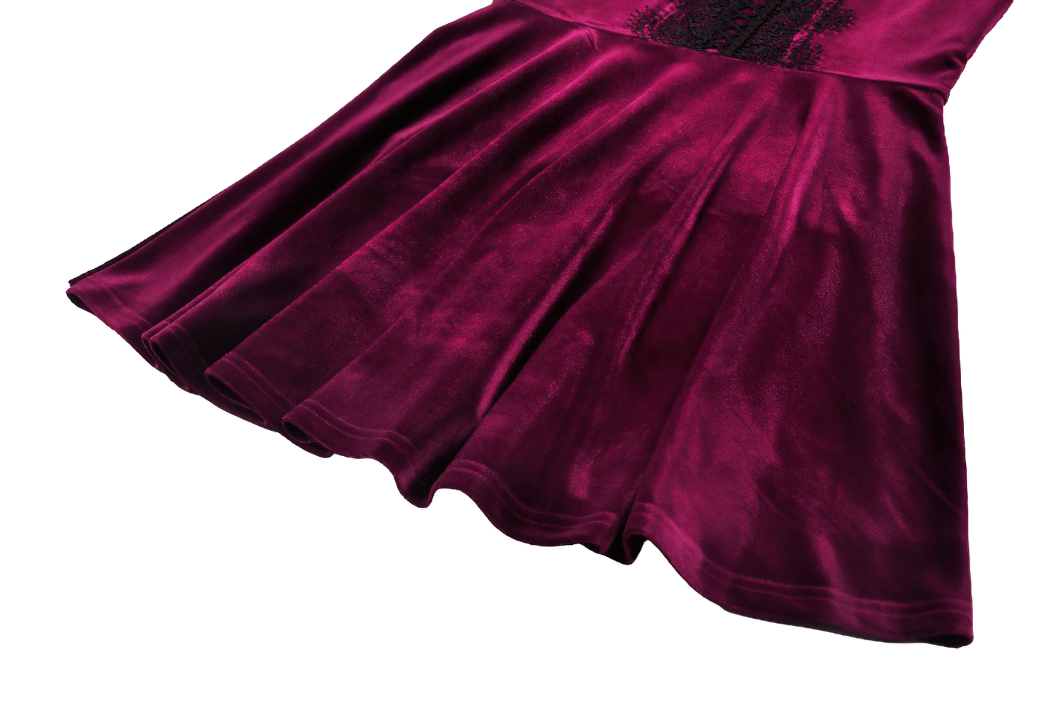 Gothic Women's Mini Dress with Lace Trim and Puff Sleeves featuring a flared dark velvet skirt and intricate lace details.