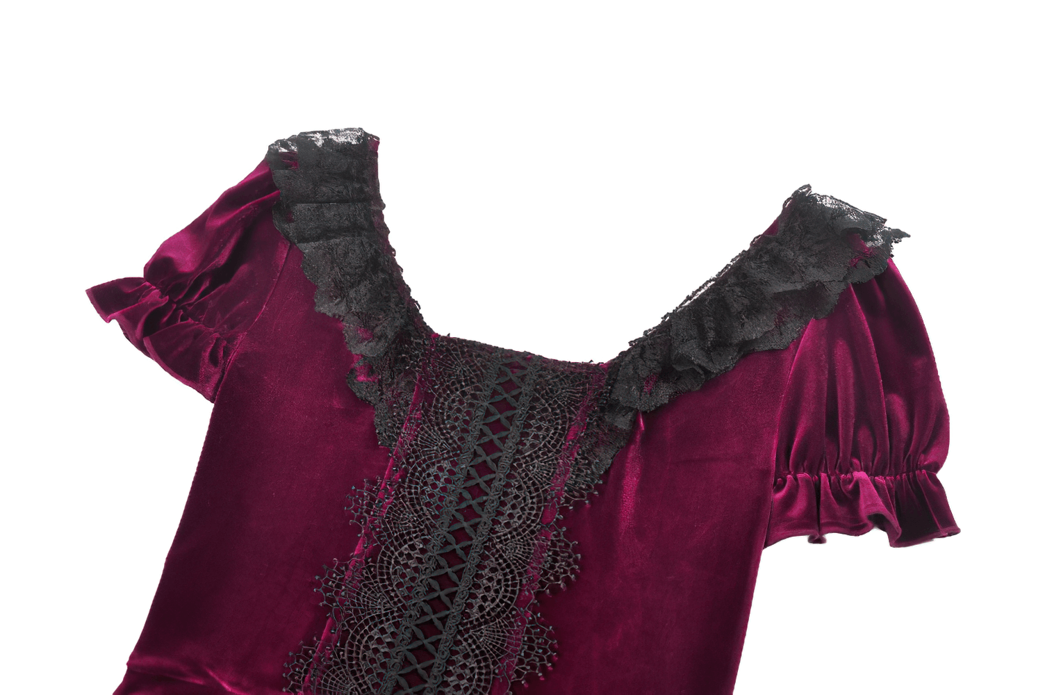 Gothic Women's Mini Dress with Lace Trim and Puff Sleeves featuring rich burgundy fabric and intricate black lace detailing.