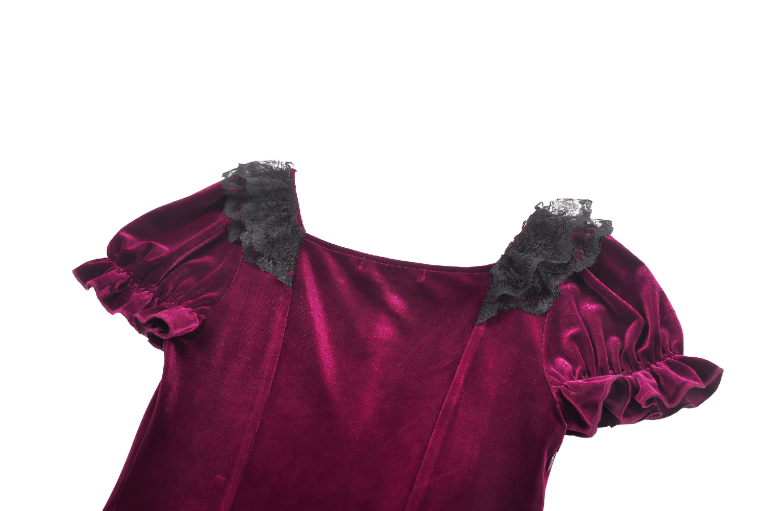 Gothic Women's Mini Dress with Lace Trim and Puff Sleeves showing intricate lace detailing on puff sleeves.