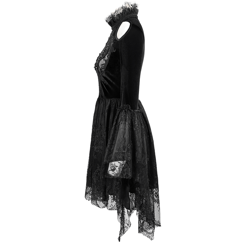 Gothic women's off-shoulder black velvet dress with trumpet sleeves and lace inserts, elegantly designed for a graceful look.