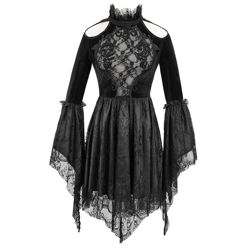 Gothic women's off-shoulder velvet dress with trumpet sleeves and lace details, perfect for elegant gothic fashion.