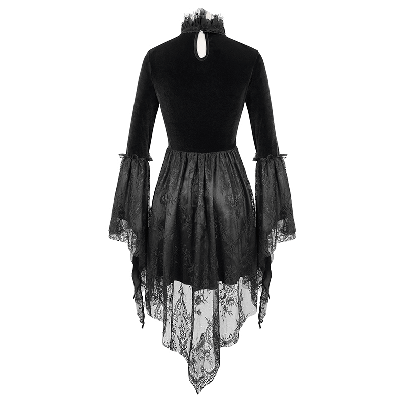 Back view of Gothic women's off-shoulder velvet dress with trumpet sleeves and lace detailing.