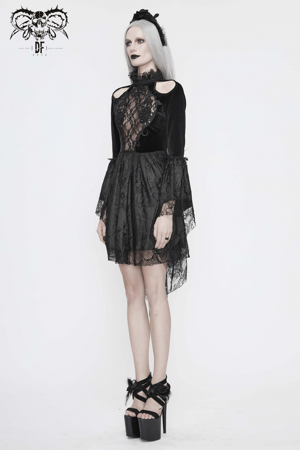 Gothic women's off-shoulder velvet dress with lace details and trumpet sleeves in black, perfect for elegant occasions.