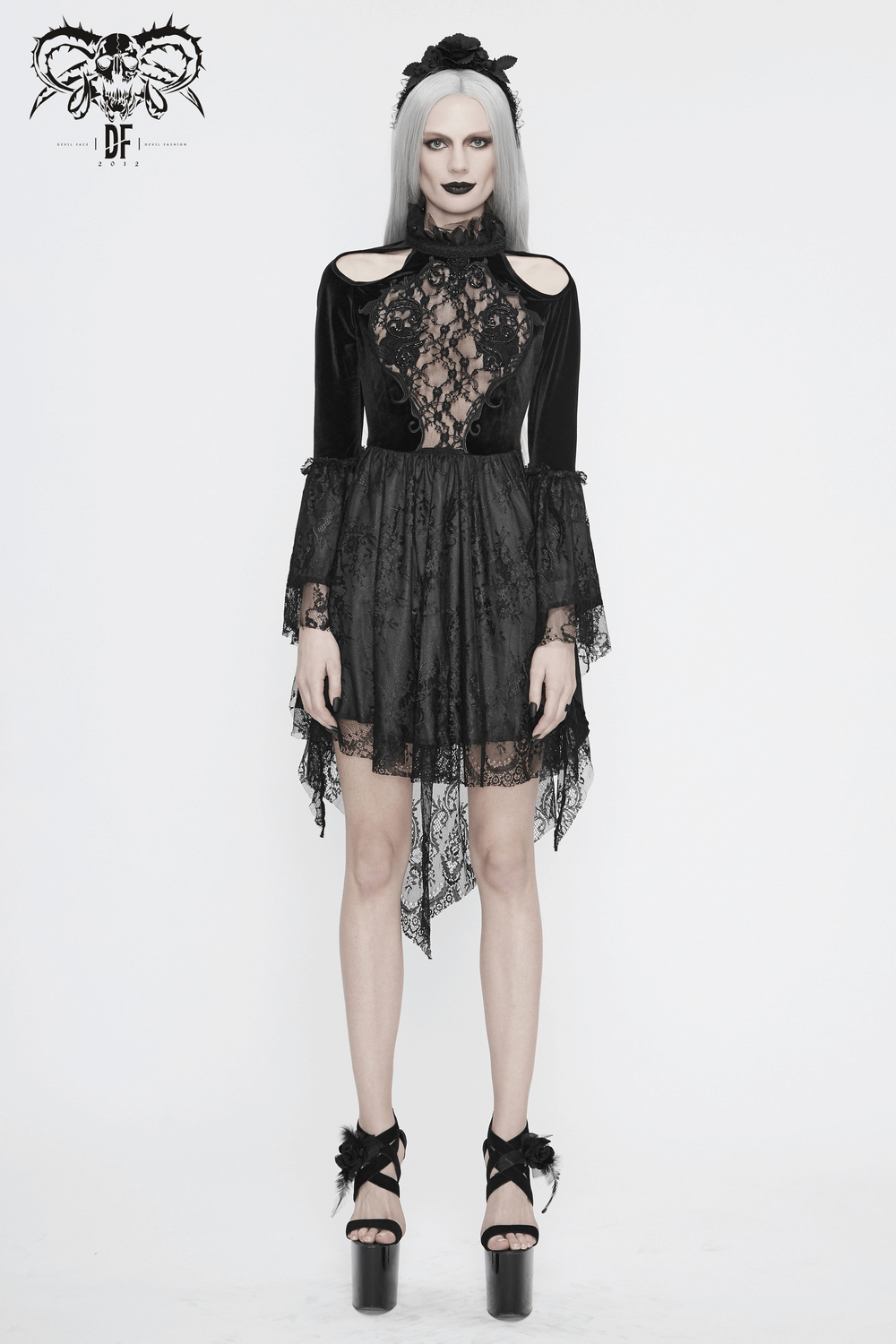 Gothic women's off-shoulder velvet dress with trumpet sleeves and lace details, perfect for a darkly elegant look.
