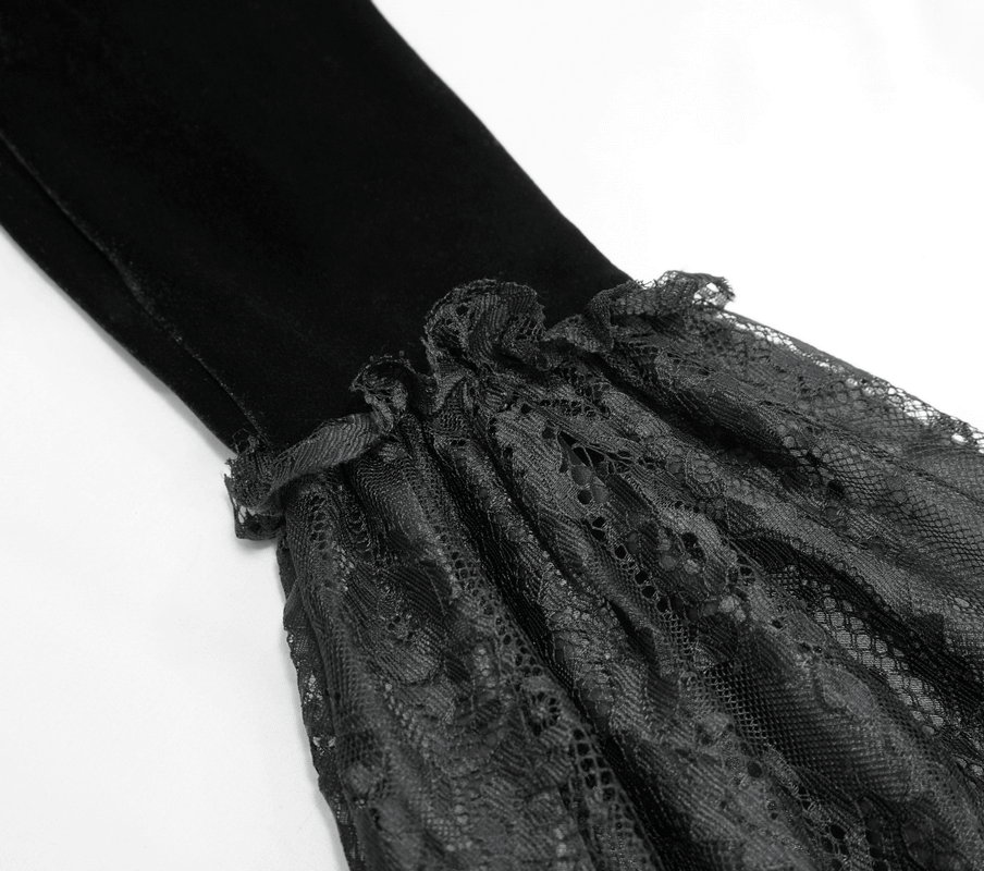 Close-up of a black off-shoulder velvet dress sleeve with intricate lace detailing for a Gothic style.