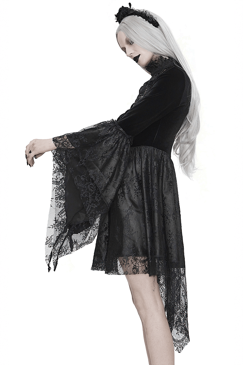 Gothic Women's Off-Shoulder Velvet Dress With Trumpet Sleeves / Ladies Dress with Transparent Lace Bust - HARD'N'HEAVY